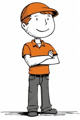 Obraz premium A boy in an orange shirt and baseball cap crosses his arms over his chest in this drawing