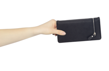 wallet in hand, outstretched hand with wallet, isolated from background
