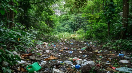 Waste Scattered in Forest for Environmental Cleanup Awareness