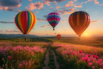 Obraz premium Flying hot air balloons and purple flowers