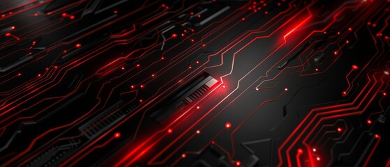 High-tech black circuit board featuring glowing red lines and intricate electronic pathways