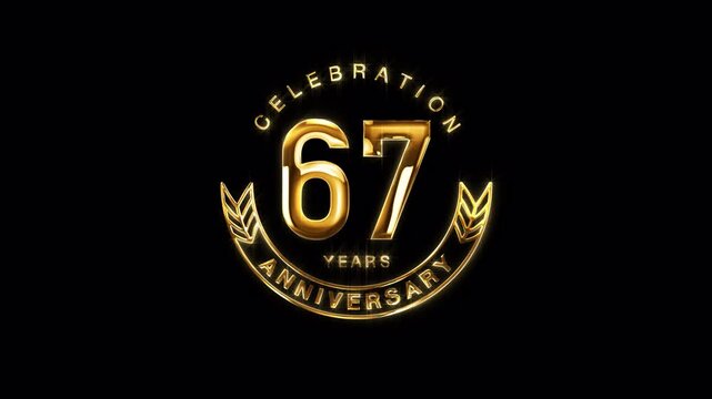 67th Golden Anniversary Celebration. Happy 67 Years Anniversary Animation in Gold Color on the Transparent Background, Alpha Channel. Great for greetings, celebrations, events, and gifts.