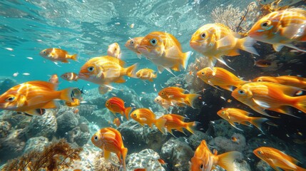 An underwater photograph showcasing vibrant orange fish swimming around a beautifully colored coral reef in clear blue water, creating a lively marine scene.