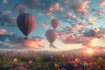 Obraz premium Flying hot air balloons and purple flowers