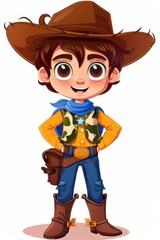  A young boy, donned in a cowboy hat, stands confidently with hands on hips against a pristine white backdrop