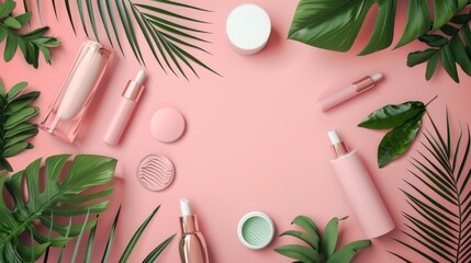 Cosmetics branding mockup with various products and foliage on a pink background