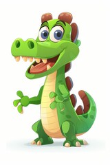  A green alligator cartoon, sporting large, smiling eyes and wide-open arms