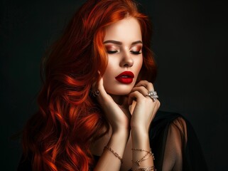 Fototapeta premium Red-haired woman with elegant jewelry and makeup posing with closed eyes
