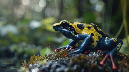 Fototapeta premium Close up of a poison dart frog in a rainforest with shallow depth of field