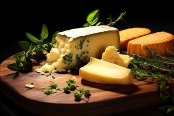 Abstract low key background with cheese platter displayed on a rustic wooden board