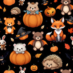 Naklejka premium Halloween cute pattern - pumpkin, fox, bear, rabbit on a black background. Animal toys clipart for decoration, banner, cover, packaging, textiles, wallpaper.