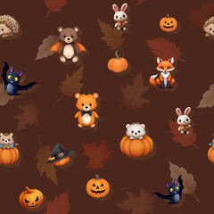 Fototapeta premium Repeat pattern for kids, illustration cute toy animals - pumpkin, magic hat, bear, hare, fox on a brown background. Halloween ornament for celebration, packaging, textiles, wallpaper 