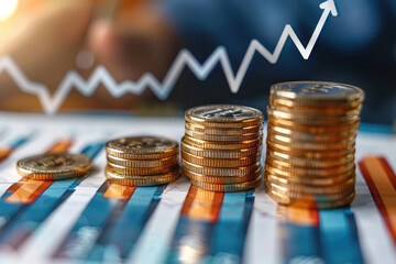 A pile of gold coins and an upward arrow on the table