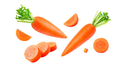Group flying carrot with slices collection isolated on white background , clipping path.