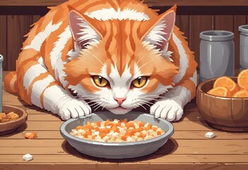 pixel art cat hungrily consuming its food