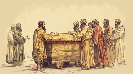 Naklejka premium 1 Chronicles,The Ark Brought to Jerusalem,Biblical Illustration of The Ark Brought to Jerusalem, with Tragedy of Uzzah's Death, Beige Background, Copyspace