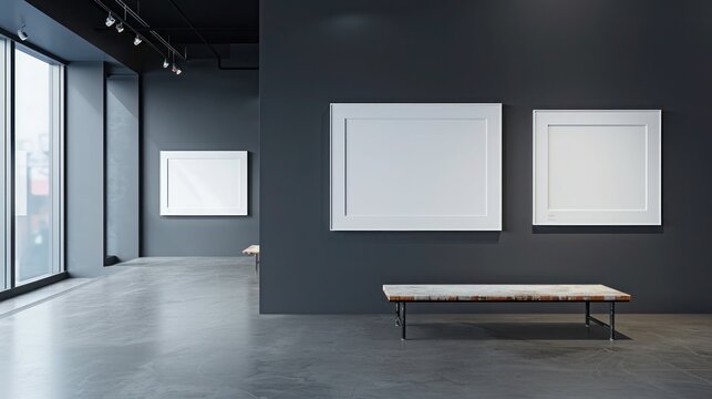 Dark grey walled gallery with white blank frames and an unoccupied bench, captured in ultra HD.