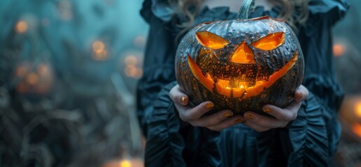 Naklejka premium Close-up of woman holding a carved Halloween pumpkin with glowing eyes and mouth
