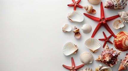 Obraz premium Colorful seashells and red starfish arranged on white background top view summer sea collection