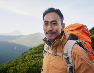 Naklejka premium Solo Hiker on Mountain Trail: One Man Exploring Nature