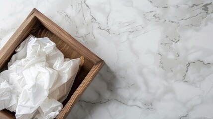 Top view of tissue paper in wooden box on marble background with copy space