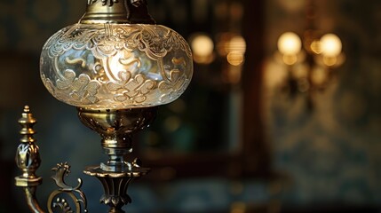 Antique luxury lampshade with bronze base and clear glass bulb for home decoration