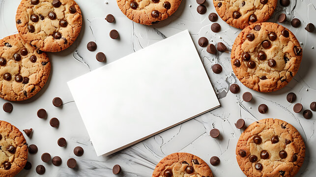 Chocolate chip cookies with blank cardle background, top view