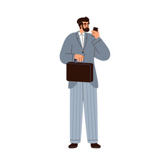 Man in business suit with briefcase and mobile phone. Office worker, employee speaking on smartphone. Businessman, professional executive officer. Flat vector illustration isolated on white background