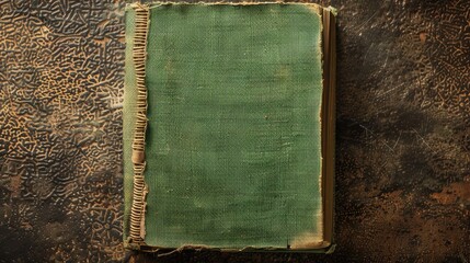 Vintage green book cover with blank space for text on rough canvas texture