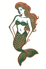 Obraz premium A mermaid depicted against a white backdrop Long red hair adorns her head, while a green tail completes the image