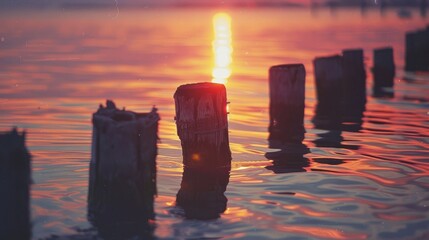 Sunset reflected in water around wooden dock pilings