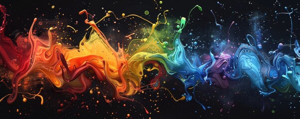 Vibrant abstract paint splash on black background in rainbow colors