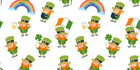 Vector seamless pattern with a leprechaun in a hat holds a beer, a gold, a clover
