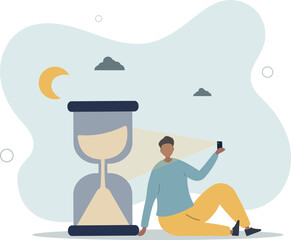 Screen time, doom scrolling or wasted time using smartphone, staying late night with mobile addiction concept.flat design.illustration with people.