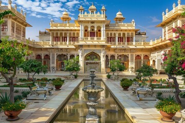 Majestic palace with sprawling courtyards, ornate gates, and lush gardens, depicting the opulent and historical architectural grandeur of royal residences 