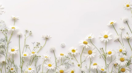 Chamomile daisy flowers border on white background for flat lay mockup