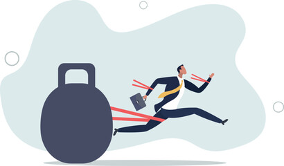 businessman tied up with red tape trying to run away with full effort.flat design.illustration with people.