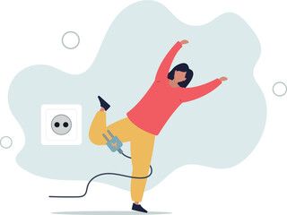 clumsy businesswoman stumble with power cable electric plug falling on the floor.flat design.illustration with people.