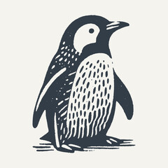 Cute Penguin. Rough wood block print style vector illustration