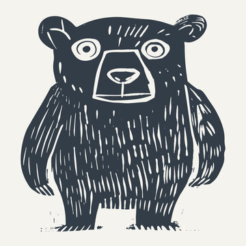 Doodly bear linocut. Vintage linocut engraving style vector illustration.
