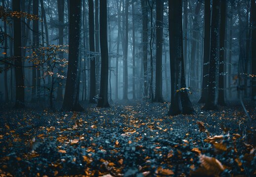 Dark Foggy Forest With Tall Trees