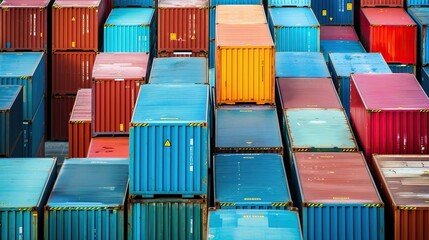 Fototapeta premium Colorful shipping containers stacked at a port, creating an impressive geometric pattern highlighting global trade and logistics.