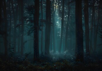 Obraz premium Eerie Foggy Forest at Night with Light