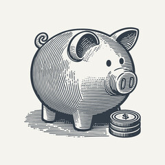 Piggy Bank. Vintage woodcut engraving style vector illustration.