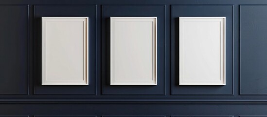 Avant-garde gallery mockup showcasing three white frames on a navy blue wall.