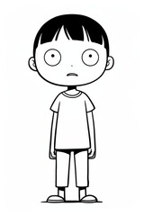  A monochrome depiction of a boy in a T-shirt, eyes gazing widely, positioned against a white backdrop