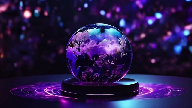 A gradient blue and purple globe of the Earth is projected above a blackboard, displaying various futuristic and holographic elements