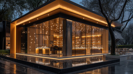 Obraz premium 夏日夜晚灯火辉煌的珠宝店玻璃房建筑