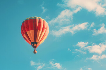 Fototapeta premium Red hot air balloon flying in clear blue sky. Adventure and freedom concept