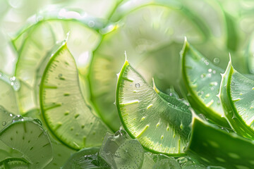 Slices of aloe vera on green background. Natural organic cosmetics and herbal medicine. Natural extract for skin care